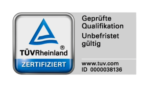 TÜV Rheinland ZERTIFIZIERT – geprüfte Qualifikation Prüfzeichen TÜV Rheinland ZERTIFIZIERT für die geprüfte Qualifikation, ID 0000038136