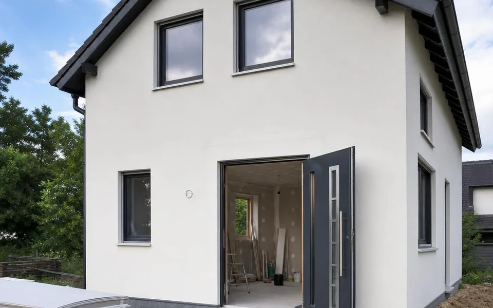 Ausbauhaus als Fertighaus 2026 mit wetterfester Hülle vor dem Innenausbau Ausbauhaus als Fertighaus 2026 mit wetterfester Hülle vor dem Innenausbau