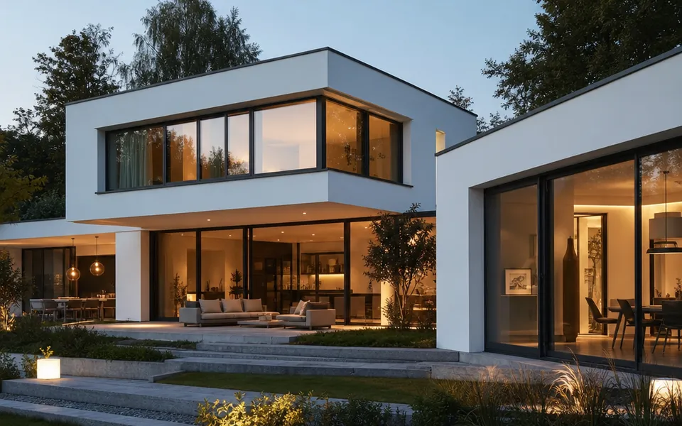 Bauhaus Fertighaus 2026 mit Flachdach, weißen Kuben und Glasfront Bauhaus Fertighaus 2026 mit Flachdach, weißen Kuben und Glasfront
