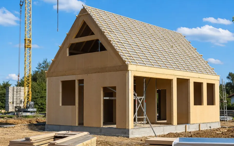 Bausatzhaus 2026 im Aufbau mit vorgefertigten Wandelementen Bausatzhaus 2026 im Aufbau mit vorgefertigten Wandelementen