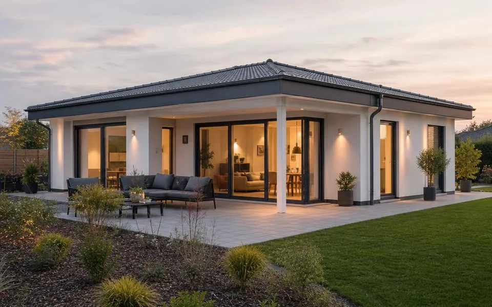 Ebenerdiger Bungalow als Fertighaus 2026 mit Terrasse Ebenerdiger Bungalow als Fertighaus 2026 mit Terrasse