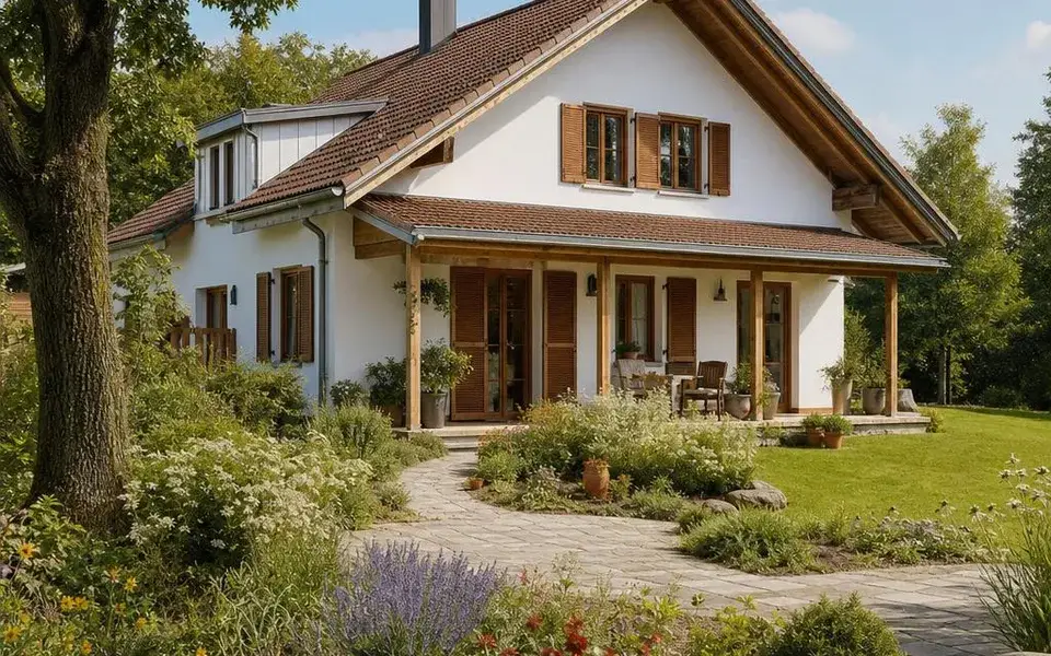 Landhaus als Fertighaus 2026 mit Veranda und Holzfensterläden Landhaus als Fertighaus 2026 mit Veranda und Holzfensterläden