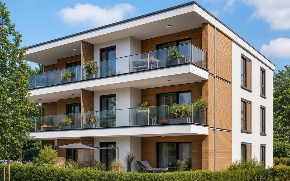 Mehrfamilienhaus als Fertighaus 2026 mit Balkonen und Flachdach Mehrfamilienhaus als Fertighaus 2026 mit Balkonen und Flachdach
