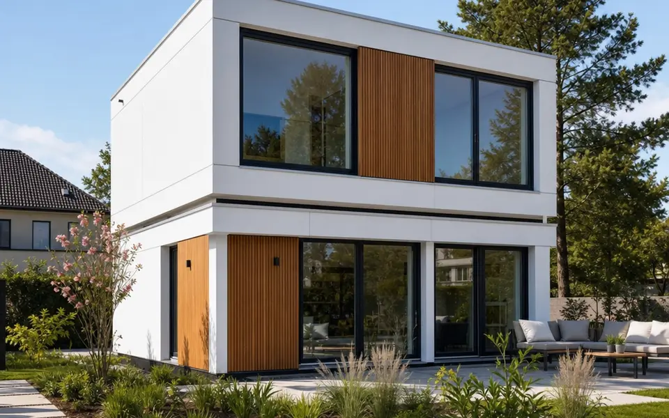 Modulhaus 2026 aus zwei gestapelten Raummodulen mit Holzfassade Modulhaus 2026 aus zwei gestapelten Raummodulen mit Holzfassade