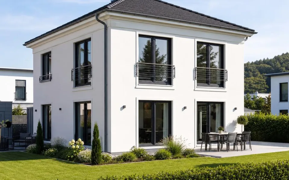 Moderne Stadtvilla als Fertighaus 2026 mit Walmdach Moderne Stadtvilla als Fertighaus 2026 mit Walmdach