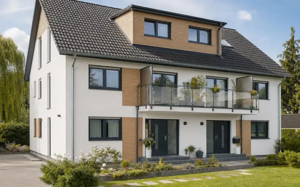 Zweifamilienhaus als Fertighaus 2026 mit zwei Eingängen und Balkon Zweifamilienhaus als Fertighaus 2026 mit zwei Eingängen und Balkon