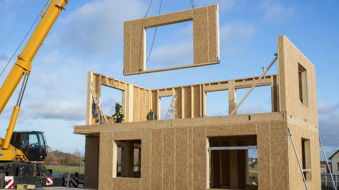 Montage eines Hauses in Holzrahmenbauweise Montage eines Hauses in Holzrahmenbauweise auf der Baustelle: Ein Kran hebt ein vorgefertigtes Wandelement auf den Rohbau