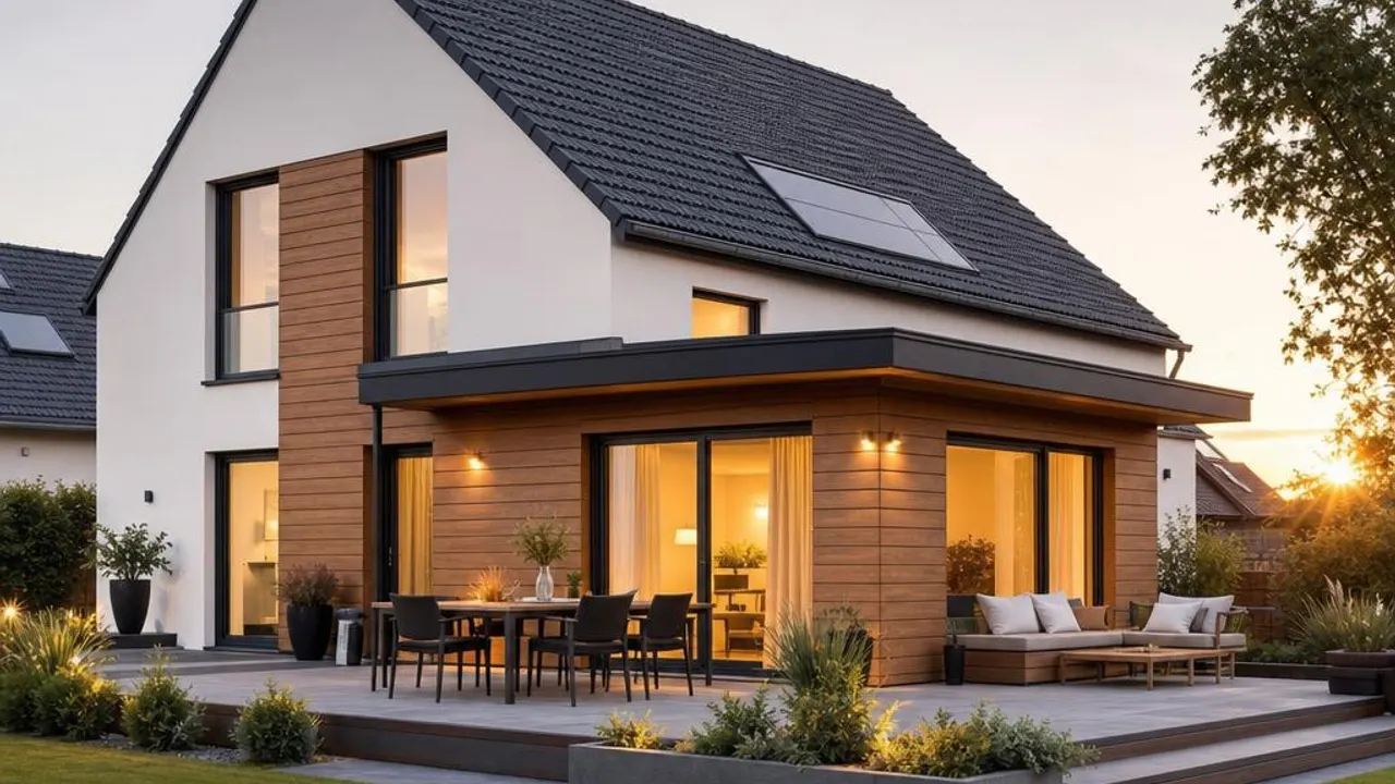 Modernes Fertighaus mit Garten Modernes Einfamilienhaus in Fertigbauweise mit Holzfassade, großen Fensterflächen und angelegtem Garten in der Abendsonne