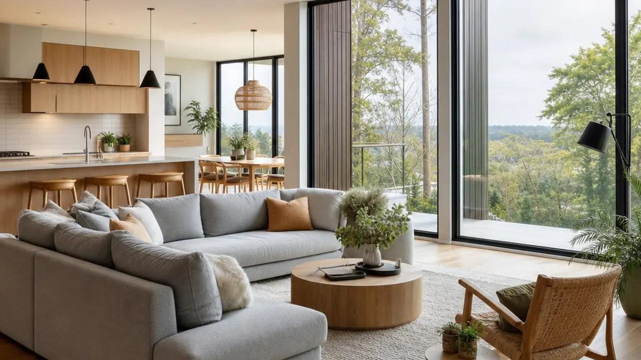 Wohnzimmer in einem schlüsselfertigen Musterhaus Helles Wohnzimmer mit offener Küche in einem schlüsselfertigen Musterhaus, bodentiefe Fenster und Holzboden